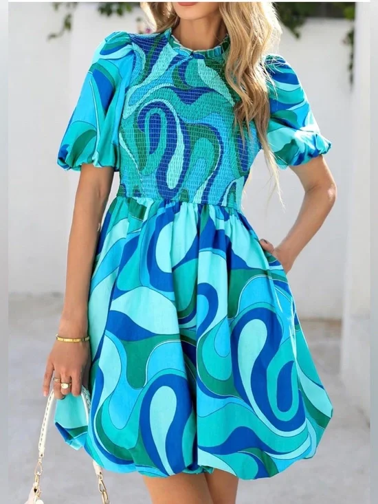 KIRUNDO  Smocked Puff Short Sleeve Boho Ruffle Crewneck Bubble Mini Dress - Picture 3 of 6